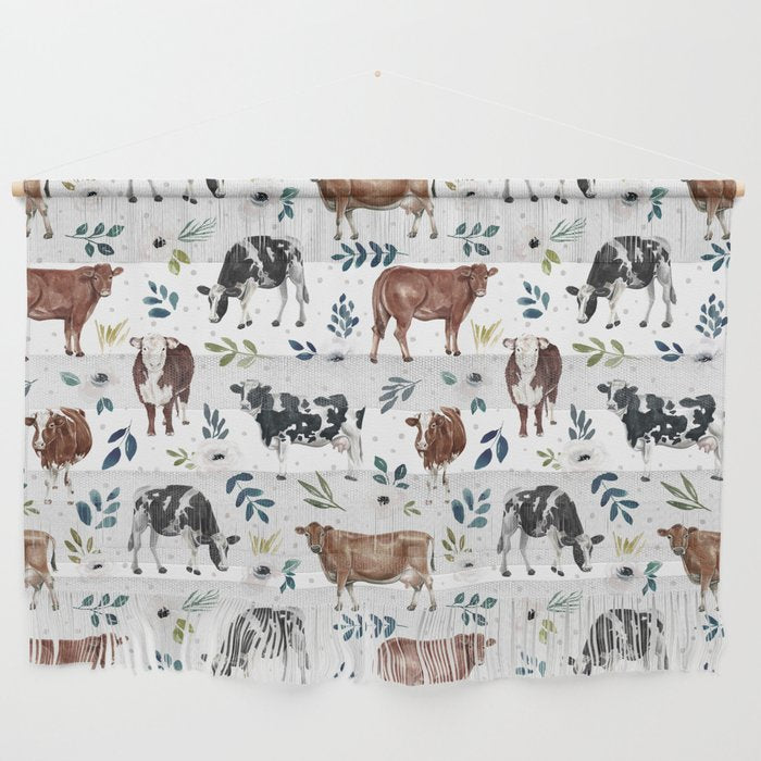 Hand-painted Cows and White Flowers with Blue Accents Wall Hanging Gallery Image 1