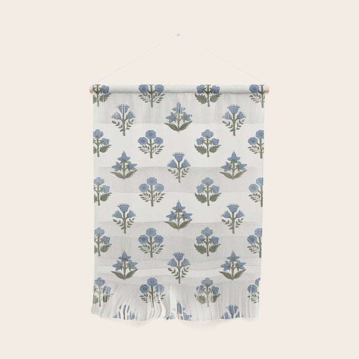 Block print charming nostalgia blue white Mughal flowers natural cottagecore, coastal Hamptons style Wall Hanging