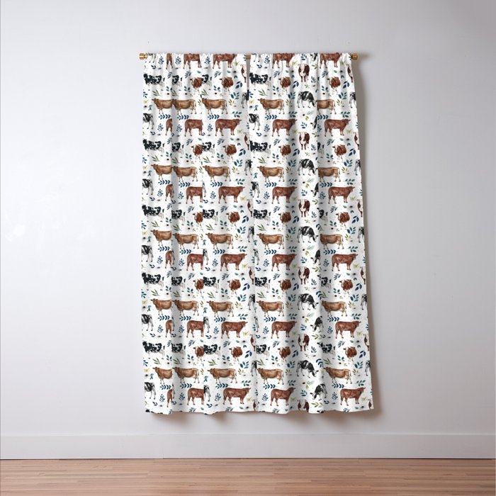 Hand-painted Cows and White Flowers with Blue Accents Window Curtain Gallery Image 3