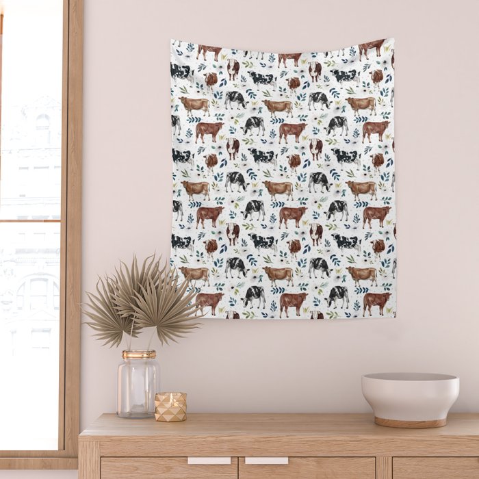 Hand-painted Cows and White Flowers with Blue Accents Wall Tapestry Gallery Image 2