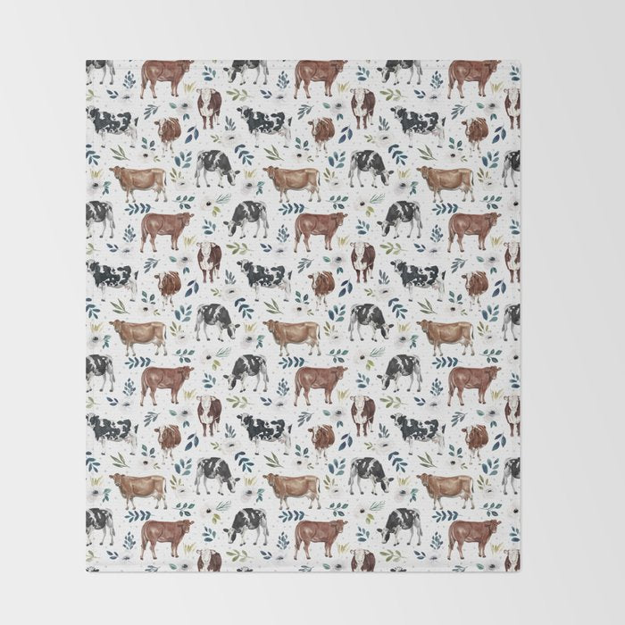 Hand-painted Cows and White Flowers with Blue Accents Throw Blanket Gallery Image 2