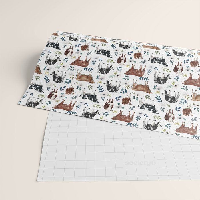 Hand-painted Cows and White Flowers with Blue Accents Wrapping Paper Gallery Image 2