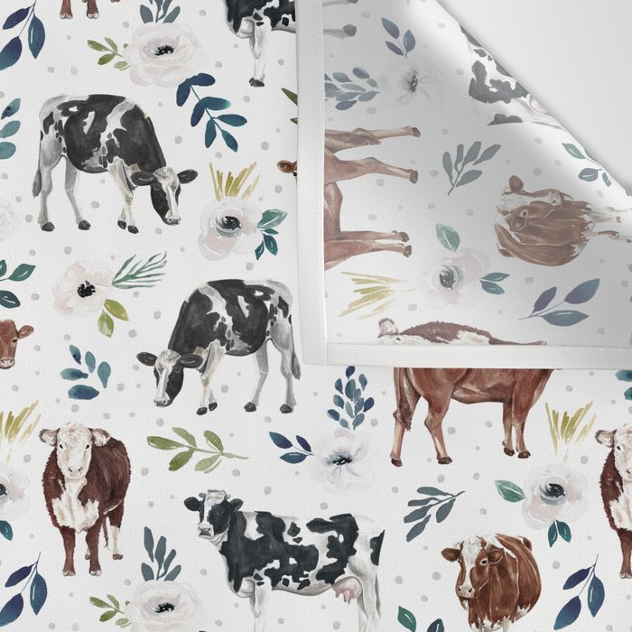 Hand-painted Cows and White Flowers with Blue Accents Wall Tapestry Gallery Image 3
