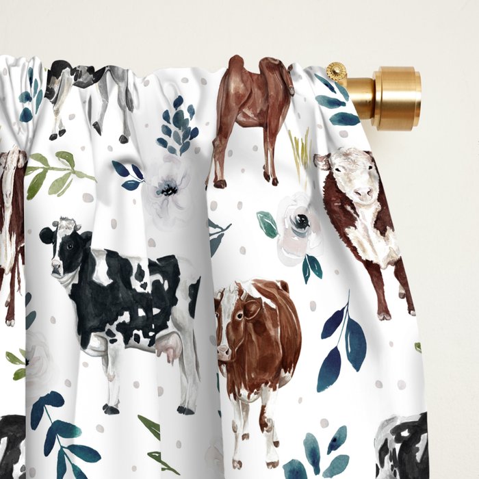 Hand-painted Cows and White Flowers with Blue Accents Window Curtain Gallery Image 2