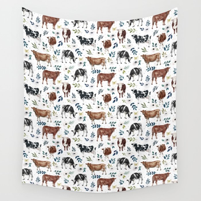 Hand-painted Cows and White Flowers with Blue Accents Wall Tapestry Gallery Image 4