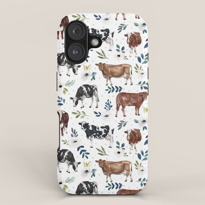 Hand-painted Cows and White Flowers with Blue Accents iPhone Case Gallery Image 1
