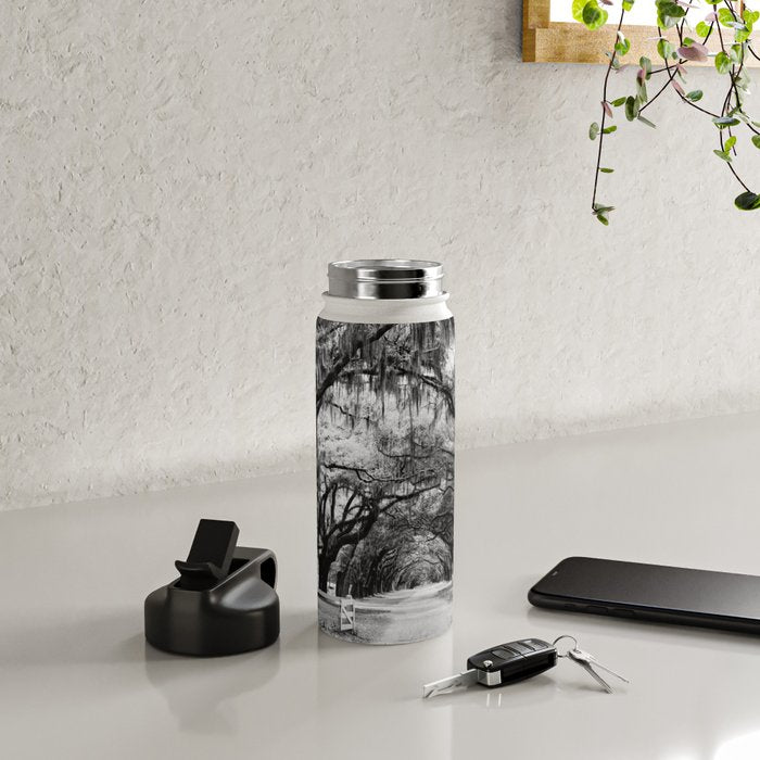 Spanish Moss on Southern Live Oak Trees black and white photograph / black and white art photography Water Bottle Gallery Image 4