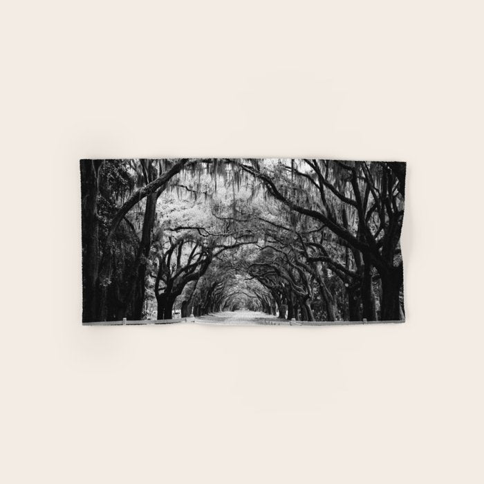 Spanish Moss on Southern Live Oak Trees black and white photograph / black and white art photography Bath Towel Gallery Image 1