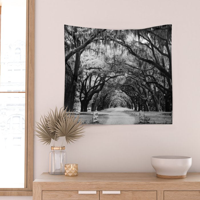 Spanish Moss on Southern Live Oak Trees black and white photograph / black and white art photography Wall Tapestry Gallery Image 2