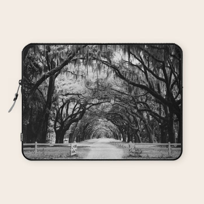 Spanish Moss on Southern Live Oak Trees black and white photograph / black and white art photography Laptop Sleeve Gallery Image 1