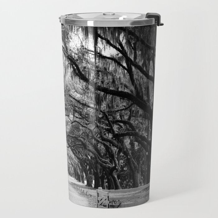 Spanish Moss on Southern Live Oak Trees black and white photograph / black and white art photography Travel Mug Gallery Image 2
