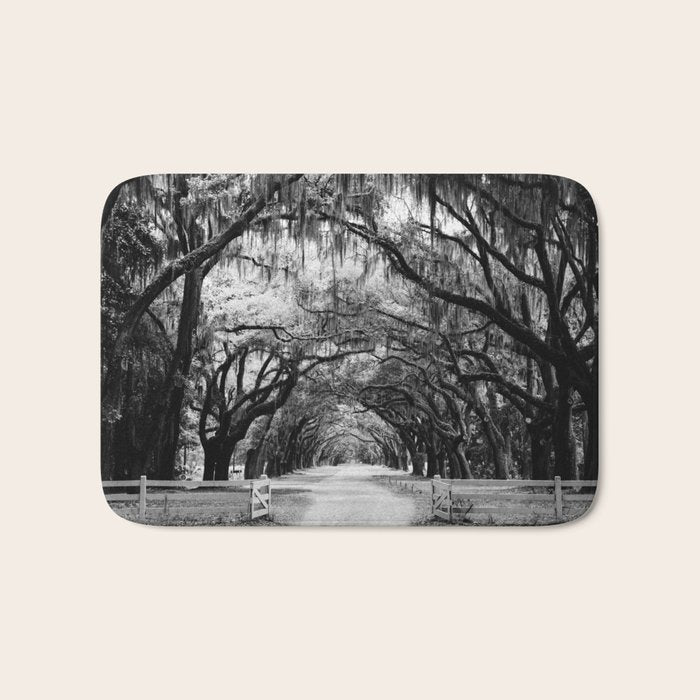 Spanish Moss on Southern Live Oak Trees black and white photograph / black and white art photography Bath Mat Gallery Image 1