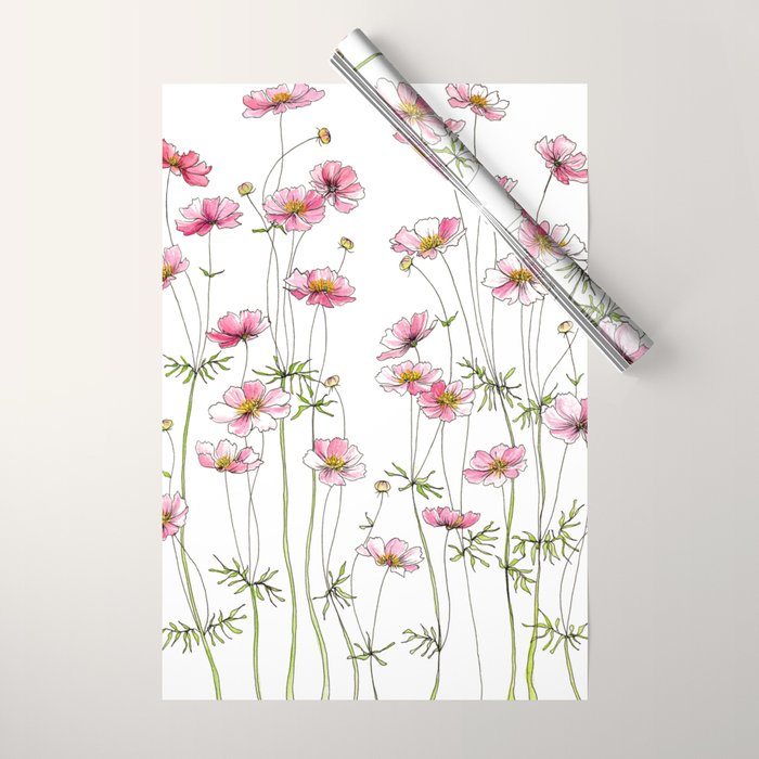 Pink Cosmos Flowers Wrapping Paper Gallery Image 1