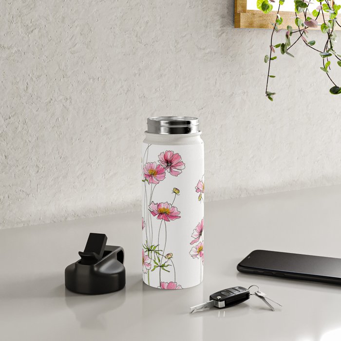 Pink Cosmos Flowers Water Bottle Gallery Image 4
