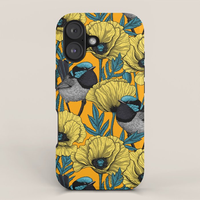 Fairy wren and poppies in yellow iPhone Case Gallery Image 1