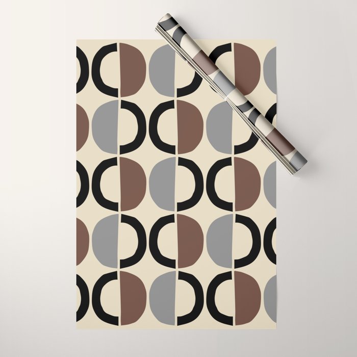 Mid Century Half Circle Pattern 582 Black Brown Gray and Beige Wrapping Paper Gallery Image 1