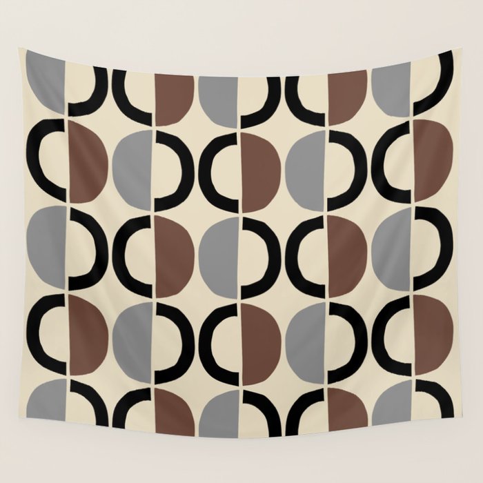 Mid Century Half Circle Pattern 582 Black Brown Gray and Beige Wall Tapestry Gallery Image 1