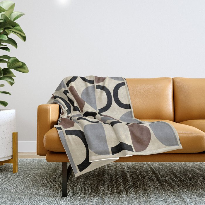 Mid Century Half Circle Pattern 582 Black Brown Gray and Beige Throw Blanket Gallery Image 1