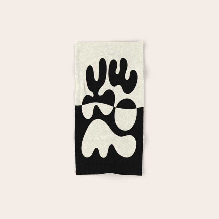 Mid Century Modern Organic Abstraction 235 Black and Ivory White Hand & Bath Towel Gallery Image 1