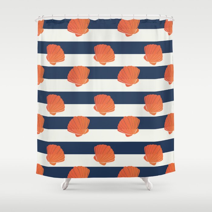 Orange clamshell and navy stripes Shower Curtain Gallery Image 1