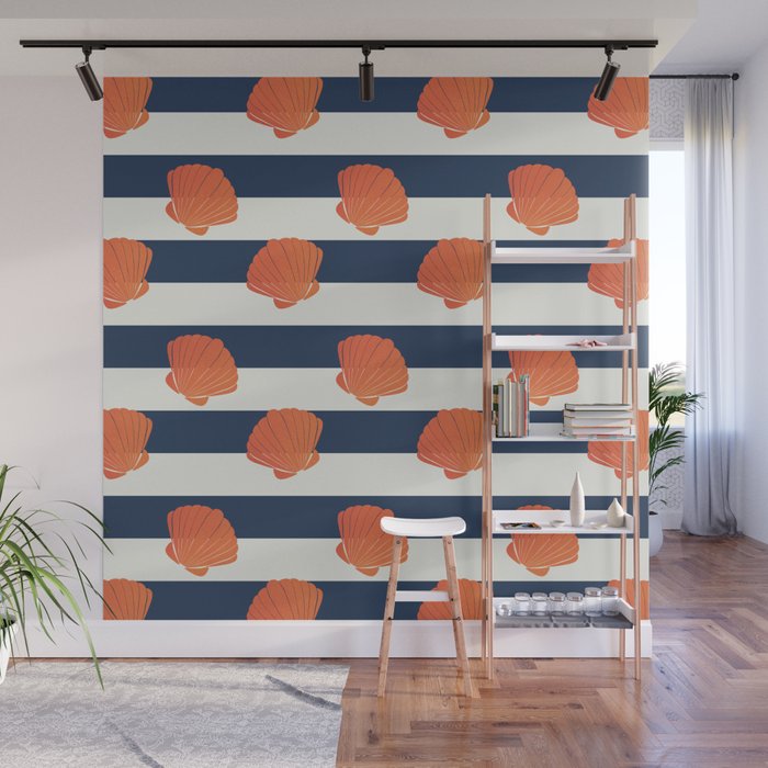 Orange clamshell and navy stripes Wall Mural Gallery Image 1