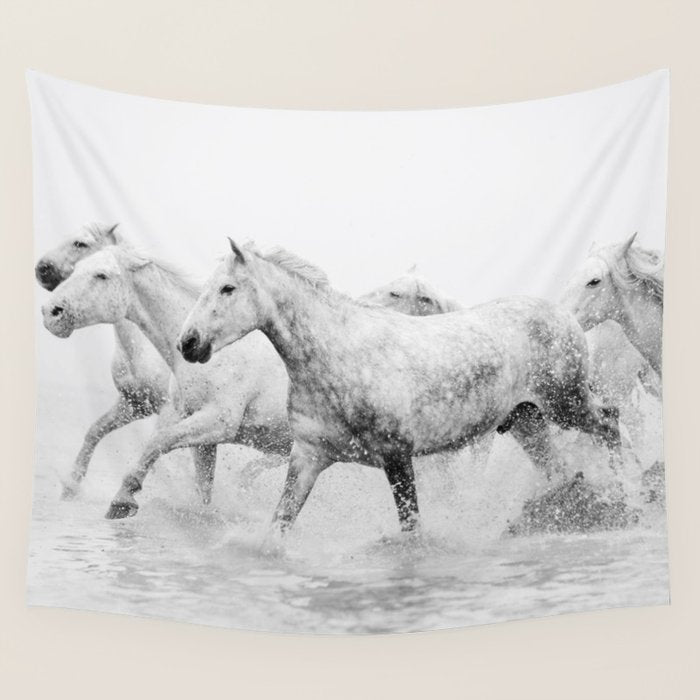 Wild Horses - Black and White Photography Wall Tapestry Gallery Image 1
