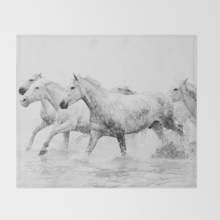Wild Horses - Black and White Photography Throw Blanket Gallery Image 2