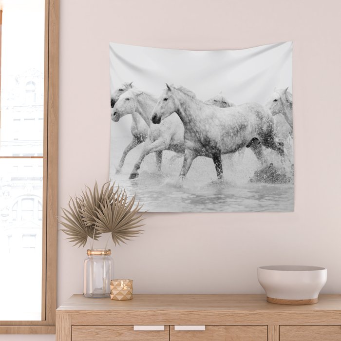 Wild Horses - Black and White Photography Wall Tapestry Gallery Image 2
