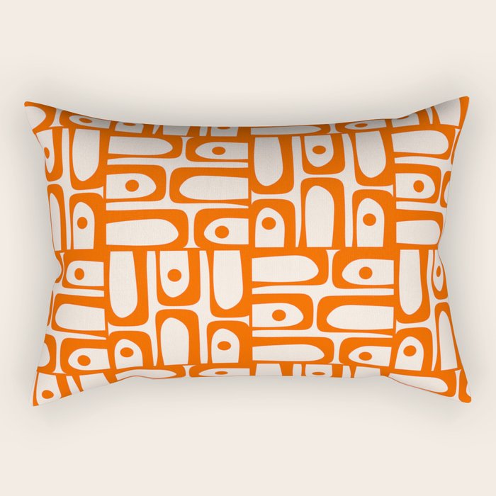Mid Century Modern Piquet Abstract Multi Pattern in 70s Orange and Cream Beige Rectangular Pillow Gallery Image 2