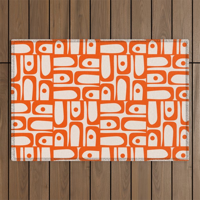 Mid Century Modern Piquet Abstract Multi Pattern in 70s Orange and Cream Beige Outdoor Rug Gallery Image 1