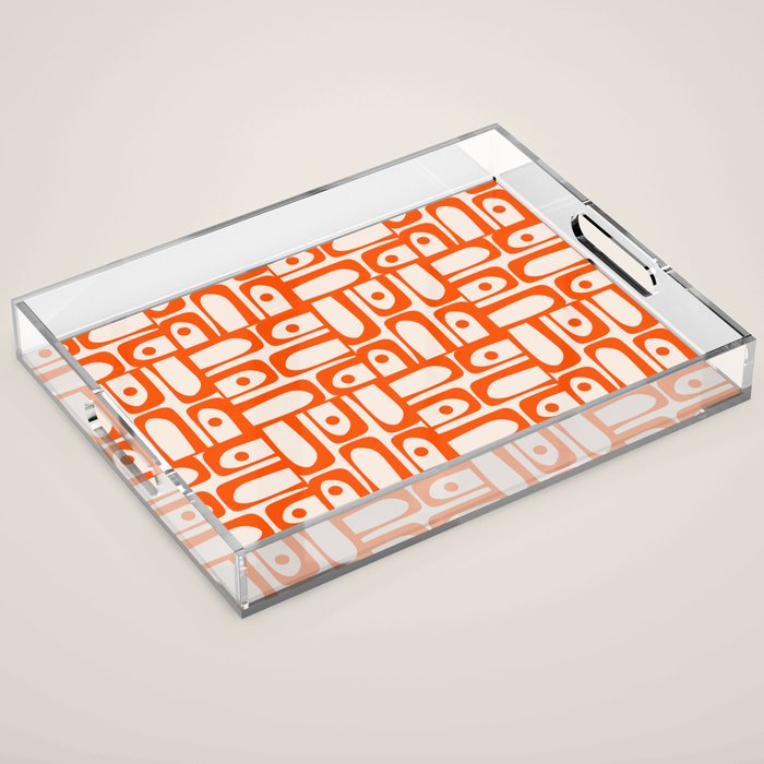 Mid Century Modern Piquet Abstract Multi Pattern in 70s Orange and Cream Beige Acrylic Tray Gallery Image 1
