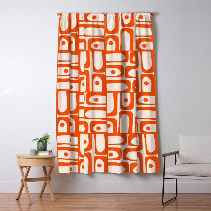 Mid Century Modern Piquet Abstract Multi Pattern in 70s Orange and Cream Beige Window Curtain Gallery Image 5