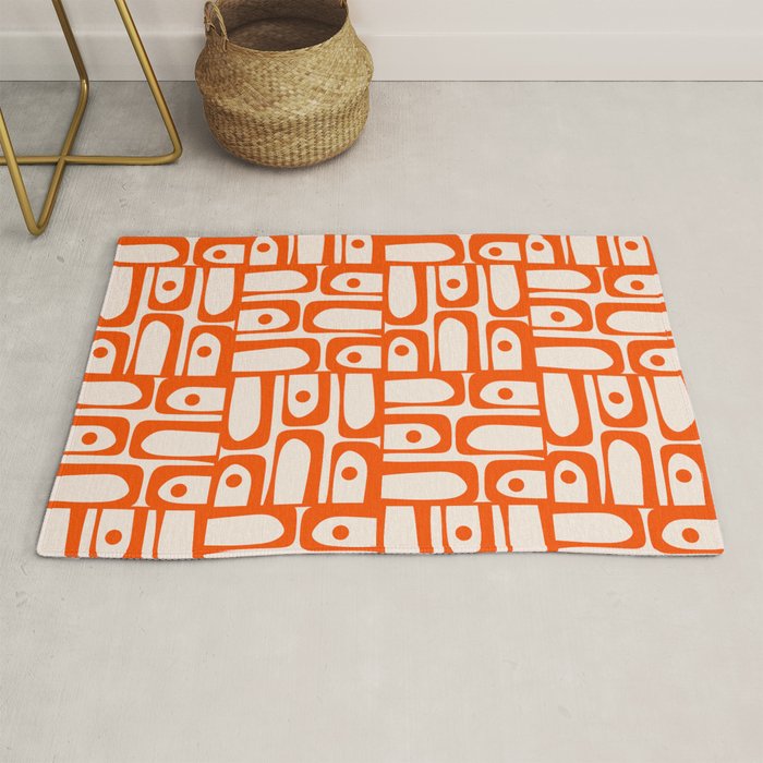 Mid Century Modern Piquet Abstract Multi Pattern in 70s Orange and Cream Beige Rug Gallery Image 1