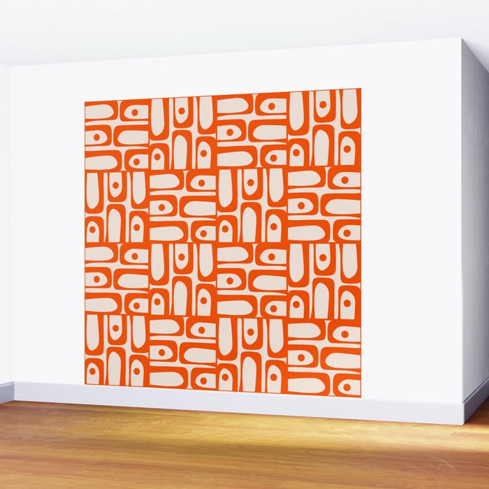 Mid Century Modern Piquet Abstract Multi Pattern in 70s Orange and Cream Beige Wall Mural Gallery Image 2