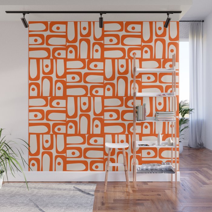 Mid Century Modern Piquet Abstract Multi Pattern in 70s Orange and Cream Beige Wall Mural Gallery Image 1