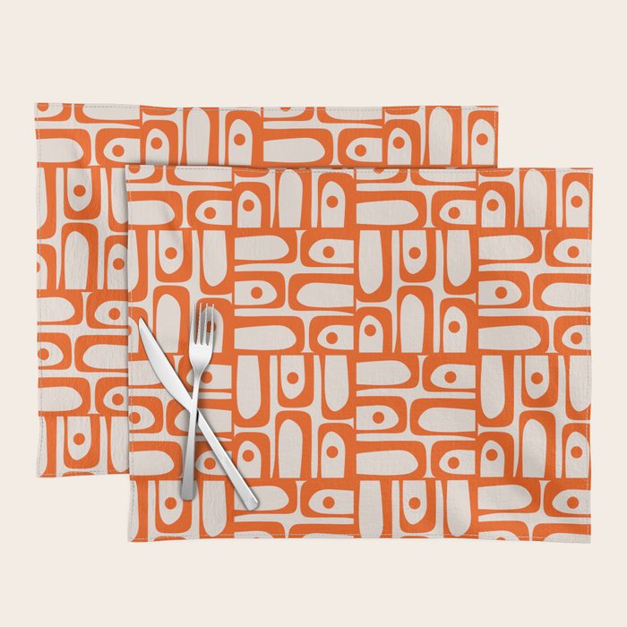 Mid Century Modern Piquet Abstract Multi Pattern in 70s Orange and Cream Beige Placemat Gallery Image 1