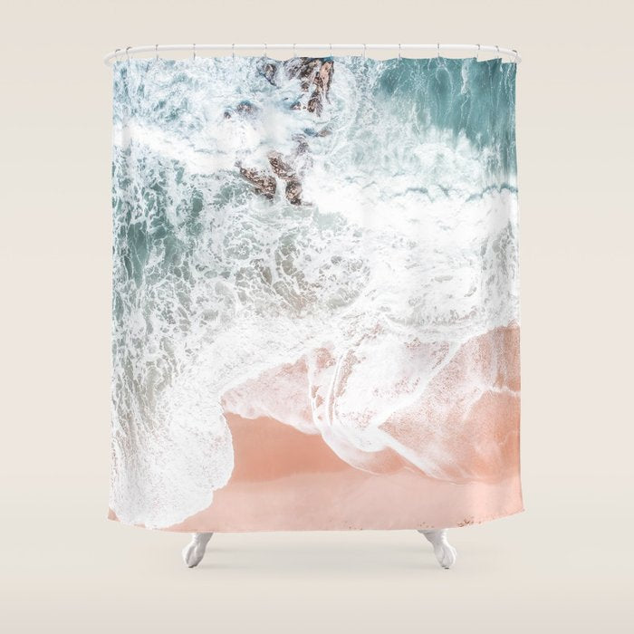 Aerial Beach Print - Sands of Coral Haze - Ocean Sea photography by Ingrid Beddoes Shower Curtain Gallery Image 1