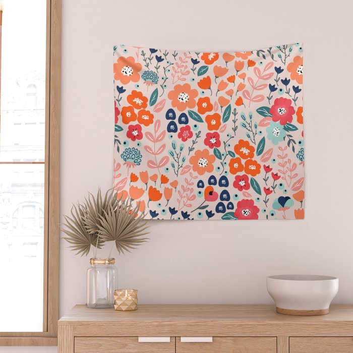 Ditsy Florals, Pink, Orange, Teal, Navy Wall Tapestry Gallery Image 2