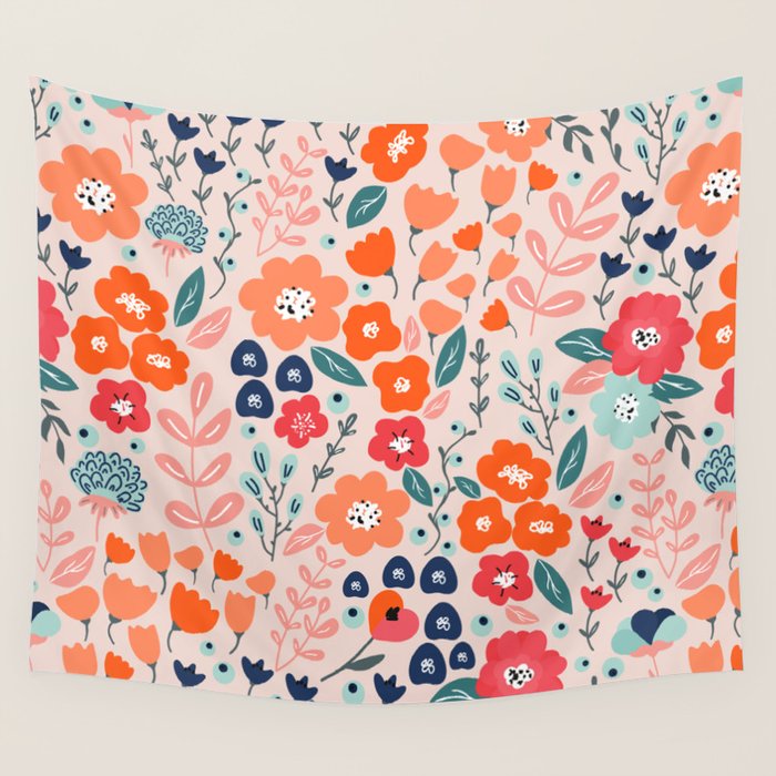 Ditsy Florals, Pink, Orange, Teal, Navy Wall Tapestry Gallery Image 4