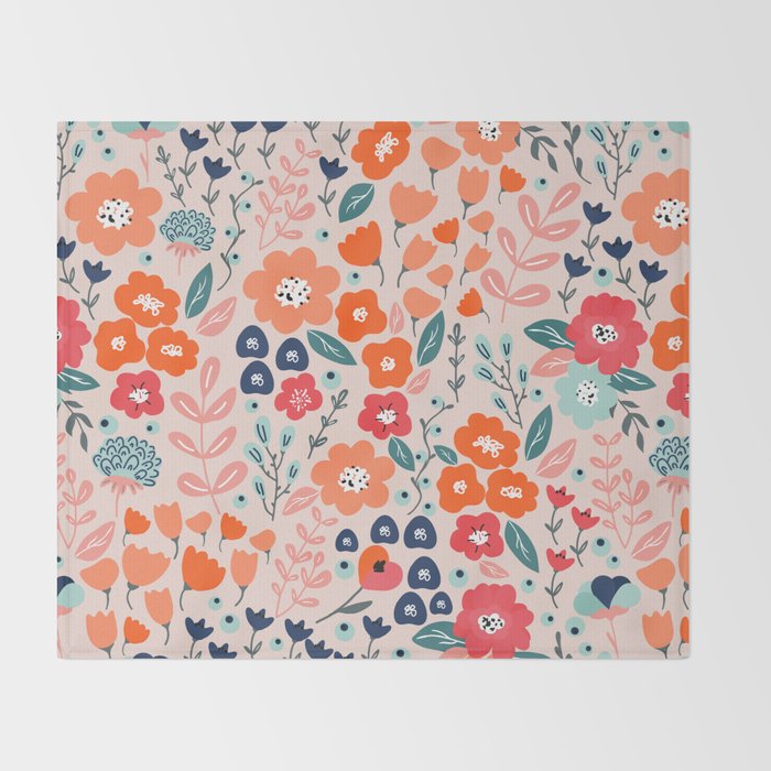 Ditsy Florals, Pink, Orange, Teal, Navy Throw Blanket Gallery Image 2