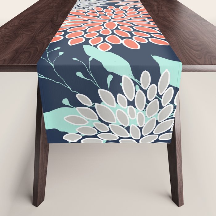 Leaves and Floral Prints, Navy Blue, Aqua, Gray and Coral Table Runner Gallery Image 1