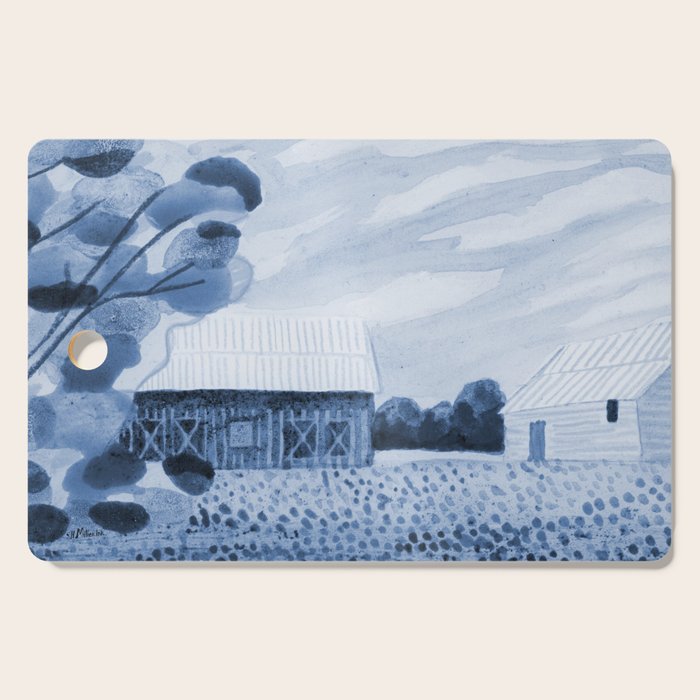 Rustic Country Barn Painting in Navy Blue Cutting Board Gallery Image 1