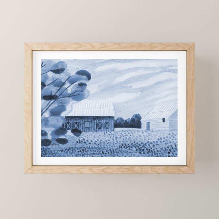Rustic Country Barn Painting in Navy Blue Mini Art Print Gallery Image 1