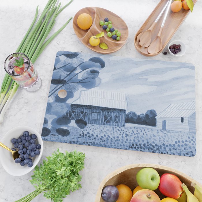 Rustic Country Barn Painting in Navy Blue Cutting Board Gallery Image 2