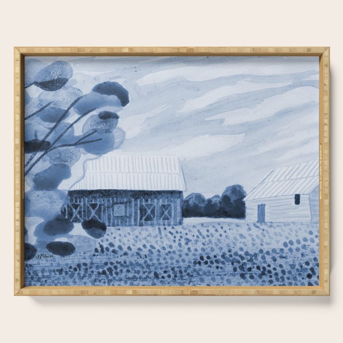 Rustic Country Barn Painting in Navy Blue Serving Tray Gallery Image 1