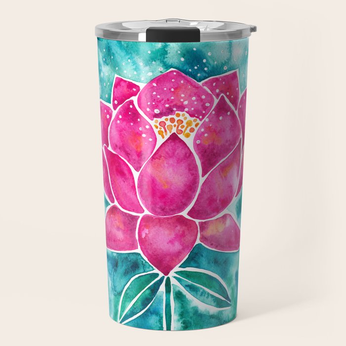 Sacred Lotus - Magenta Blossom with Turquoise Wash Travel Mug Gallery Image 1