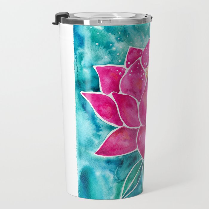 Sacred Lotus - Magenta Blossom with Turquoise Wash Travel Mug Gallery Image 3