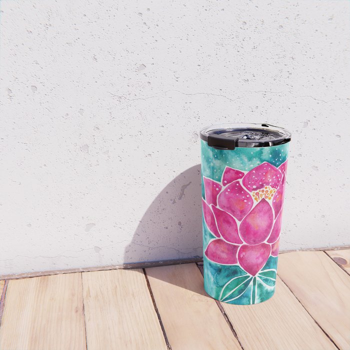Sacred Lotus - Magenta Blossom with Turquoise Wash Travel Mug Gallery Image 4