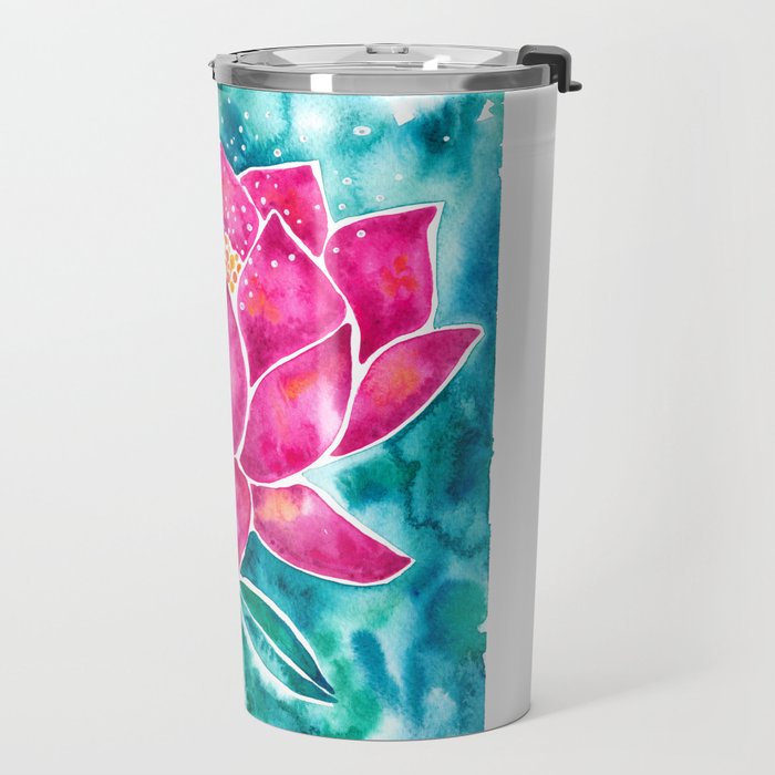 Sacred Lotus - Magenta Blossom with Turquoise Wash Travel Mug Gallery Image 2