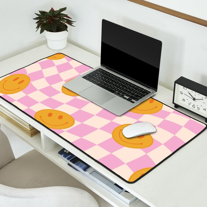 Groovy Smiley Faces on Pastel Pink Twisted Checkerboard Desk Mat Gallery Image 2